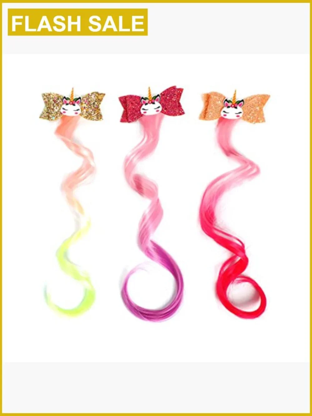 6 Unicorn Hair Bows Clips Glitter Braided Curly Wig Hair Extensions 6pcs